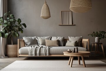 Fototapeta na wymiar Grey couch in basic living room,. Generative AI
