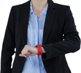 Mid-section of businesswoman wearing smartwatch