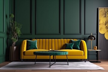 interior background lounge decoration sofa cosy empty trendy wall render. Generative AI.