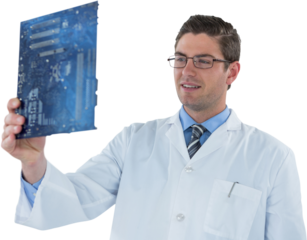 Computer engineer holding motherboard