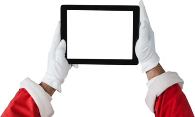 Santa Claus holding digital tablet with blank space on white background