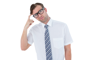 Geeky businessman thinking with finger on temple