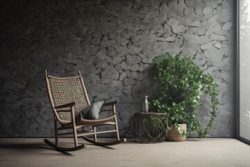 Fototapeta na wymiar Background of a grey stone wall, a rocking chair, a floral detail, and a style of home décor. Generative AI