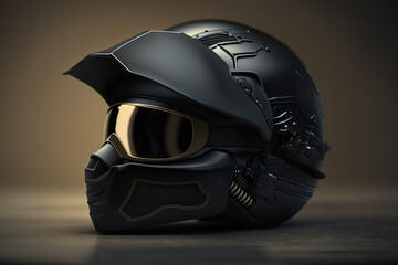 Simple motorbike helmet black vintage for retro style. Stylish black motorcycle helmet. Close up on motorcycle helmet. 3D realistic illustration. Creative AI