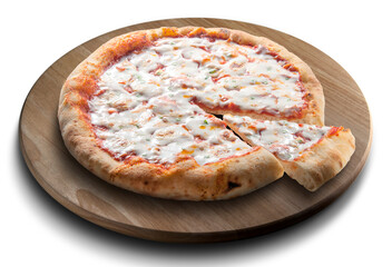 Classic round pizza margherita sliced on wooden cutting board