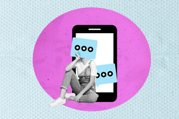 Creative image banner poster collage of funky surreal person with mind cloud face communicating via smart gadget app