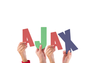 Colorful alphabet spelling AJAX held up by people 