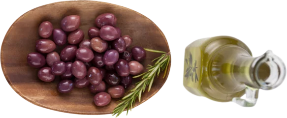 Gordijnen Brown olives in plate by oil in jar © vectorfusionart