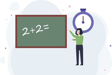 A maths classroom with a formula on the blackboard, a teacher and a wall clock. Vector cartoon illustration of a mathematics classroom. Vector images