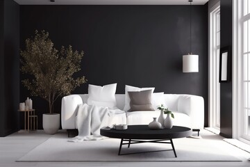 interior background sofa carpet concrete apartment white scandinavian empty lifestyle green furniture. Generative AI.