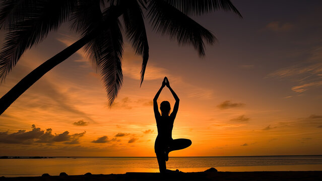 A woman doing yoga at sunset beach with palms poster with copy space - Fictional Person, Generative AI