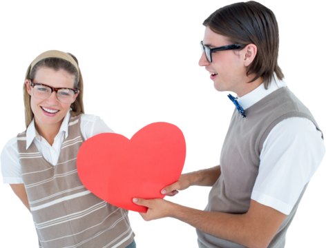 Geeky hipster offering red heart to his girlfriend  - Powered by Adobe
