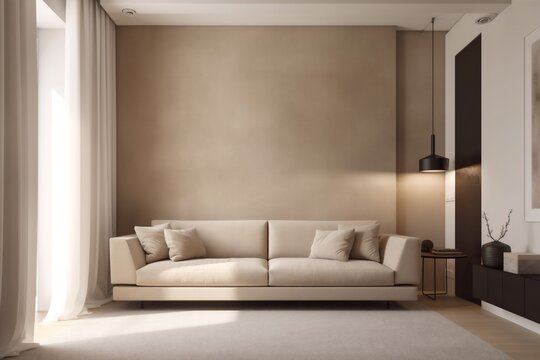 interior background modern furniture home decoration stylish sofa floor plant house nobody apartment. Generative AI.