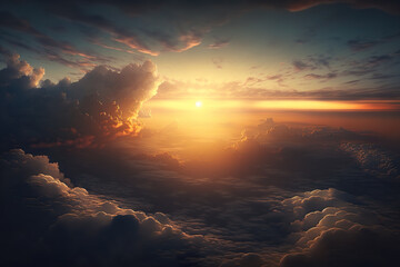 Fototapeta premium Sunrise in cloudy sky background dramatic sunrise. beautiful sunset Sunrise cloudy sky from aerial view with gentle colorful clouds and dramatic light airplane view. 3D illustration. Creative AI