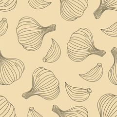 Garlic seamless pattern. Hand drawing design.Can be used for textile patterns, packaging, menu, posters and wallpaper. Vector illustration