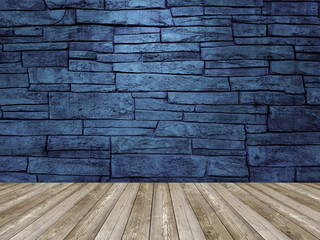 Old blue stone brick wall interior background.