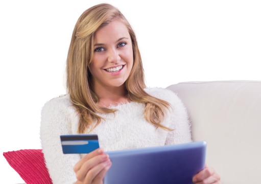 Pretty blonde shopping online with tablet pc - Powered by Adobe