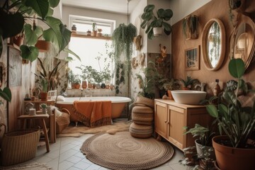 Bathroom with houseplants and couch. Boho chic apartment with tropical plants. Natural wood and wicker bohemian room. Generative AI