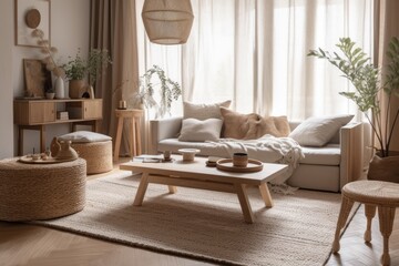 Close up of white and beige wooden living room. Rattan carpet, coffee tables, drapes, and fabric couch. Japandi farmhouse decor,. Generative AI