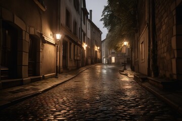 Fototapeta na wymiar a cobblestone street at night with street lights on. generative ai