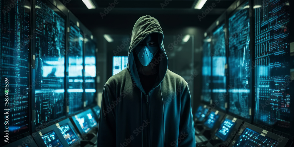 Poster data breach: anonymous hacker in hood and mask stealing data from inside data center. generative ai