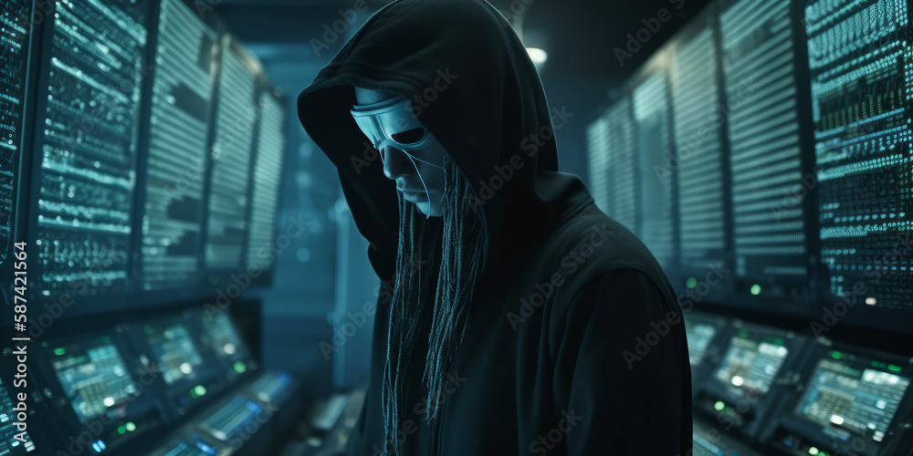 Poster data breach: anonymous hacker in hood and mask stealing data from inside data center. generative ai
