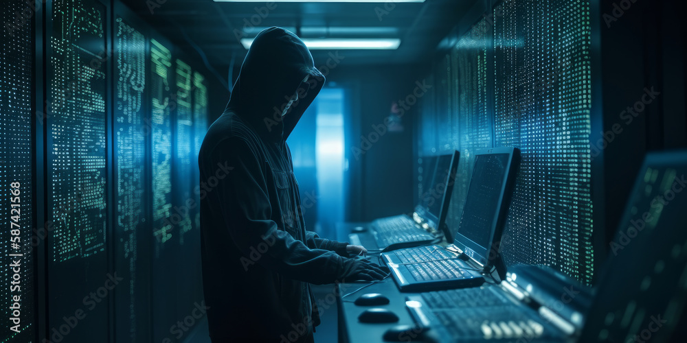 Poster data breach: anonymous hacker in hood and mask stealing data from inside data center. generative ai