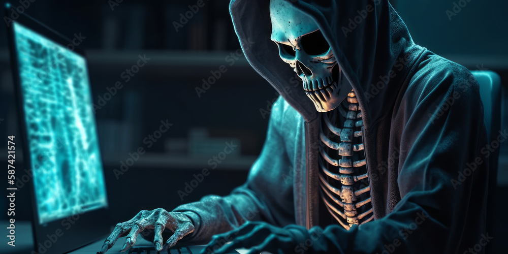 Poster anonymous skeleton hacker in the dark: an eerie image of a skeleton hacker wearing a hood, sitting n
