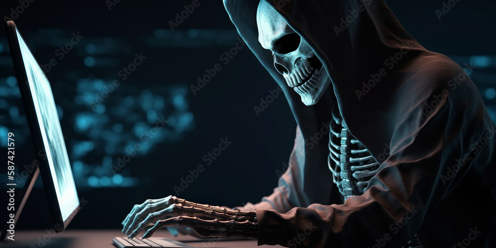 Poster anonymous skeleton hacker in the dark: an eerie image of a skeleton hacker wearing a hood, sitting n