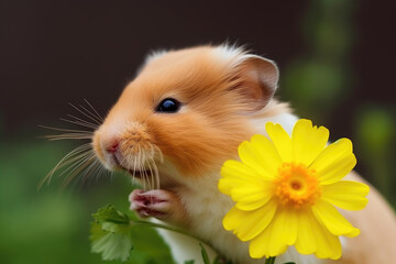 A portrait of a hamster with yellow flower in nature. Created with Generative AI.