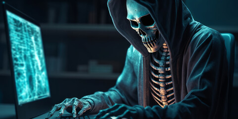 Anonymous Skeleton Hacker in the Dark: An eerie image of a skeleton hacker wearing a hood, sitting next to a computer, in a dark and mysterious setting. Generative AI