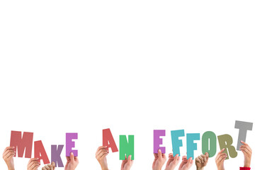 Cropped hands holding colorful words make an effort