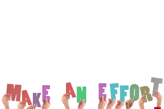 Cropped hands holding colorful words make an effort