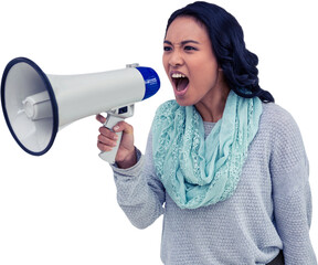 Asian woman shouting through megaphone