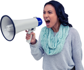 Asian woman shouting through megaphone