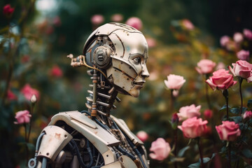 Fototapeta premium A portrait of a robot standing in a rose garden. Created with Generative AI.