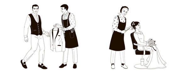 Afro American bride and  groom preparing for wedding day, hairdresser makes the bride's hairstyle, tailor proposal suit for groom, black and white vector illustration