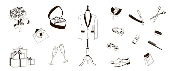 set  items needed for a groom to look his best in wedding day, black and white vector illustration
