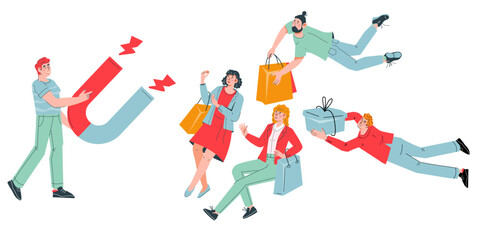 Customer retention inbound smm marketing concept. Magnet attracts consumers as metaphor of marketing strategy for clients attraction, flat cartoon vector illustration isolated on white background.