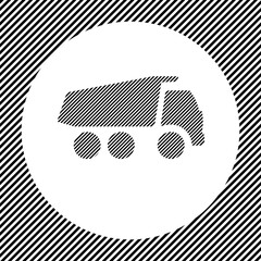 A large truck symbol in the center as a hatch of black lines on a white circle. Interlaced effect. Seamless pattern with striped black and white diagonal slanted lines