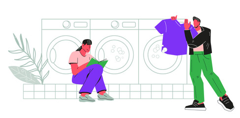 People in laundry, man loading the washing machine with dirty clothes, and woman waiting for the laundry to finish, flat vector illustration isolated on white background. Laundromat service.