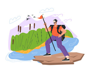 Tourist backpacker or hiker traveling in nature, spending time in travel and outdoor activities doing sports. Tourism and travel, hiking, camping, trekking, flat vector illustration isolated.