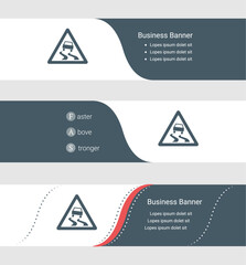 Set of blue grey banner, horizontal business banner templates. Banners with template for text and slippery road sign. Classic and modern style. Vector illustration on grey background