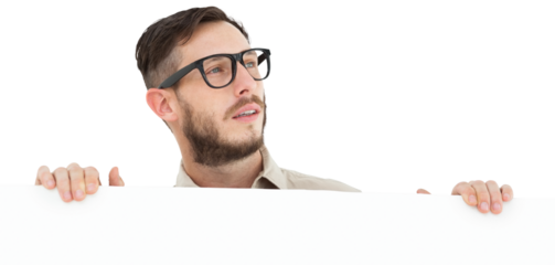 Geeky young hipster showing poster