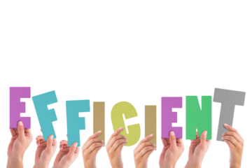 Colorful alphabet spelling efficient held up by people 