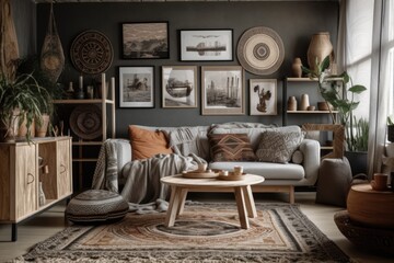 Boho living room with grey couch and posters and plates over wooden closet. Real picture. Generative AI