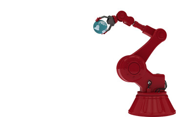 Red robot hand holding planet earth