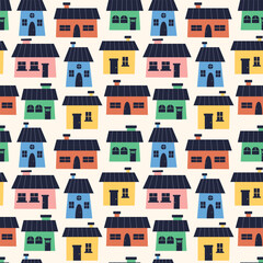 Naklejka premium Colorful houses village pattern. Spring seamless background for print, textile, wrapping paper, fabric. Flat surface design