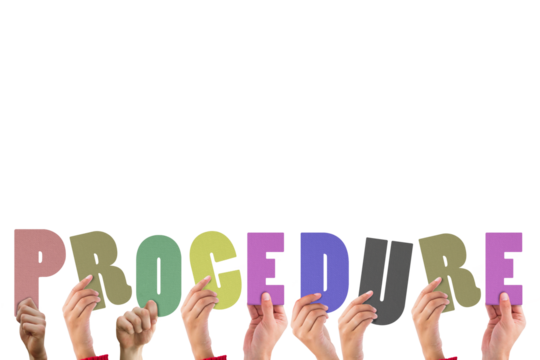 Colorful alphabet spelling procedure held up by people 