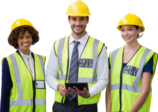 Portrait of architects in reflective clothing holding tablet computer